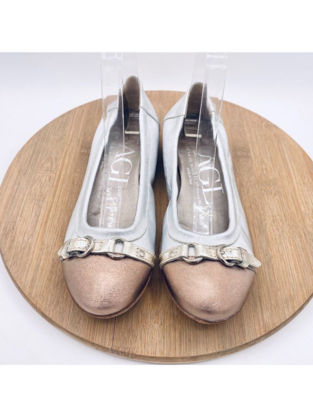 AGL Ballet Flats Womens 7.5 Silver Leather Monika Flats Cap Quiet Luxury Italy - Picture 3 of 13